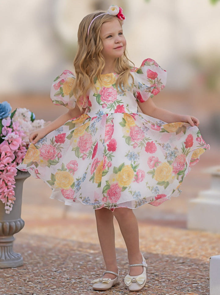 Mia Belle Girls Puff Sleeve Floral Dress | Girls Spring Dresses