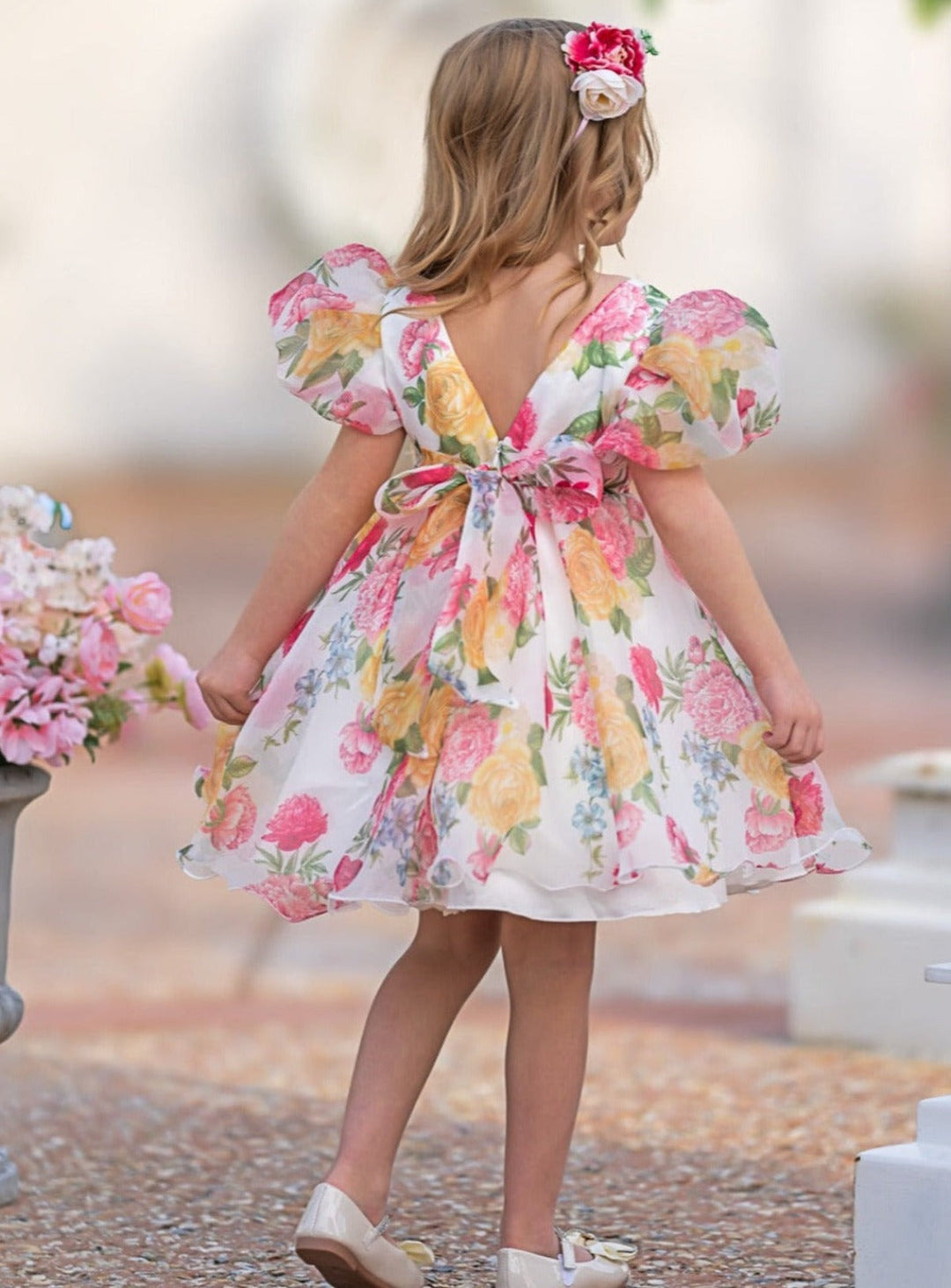 Mia Belle Girls Puff Sleeve Floral Dress | Girls Spring Dresses