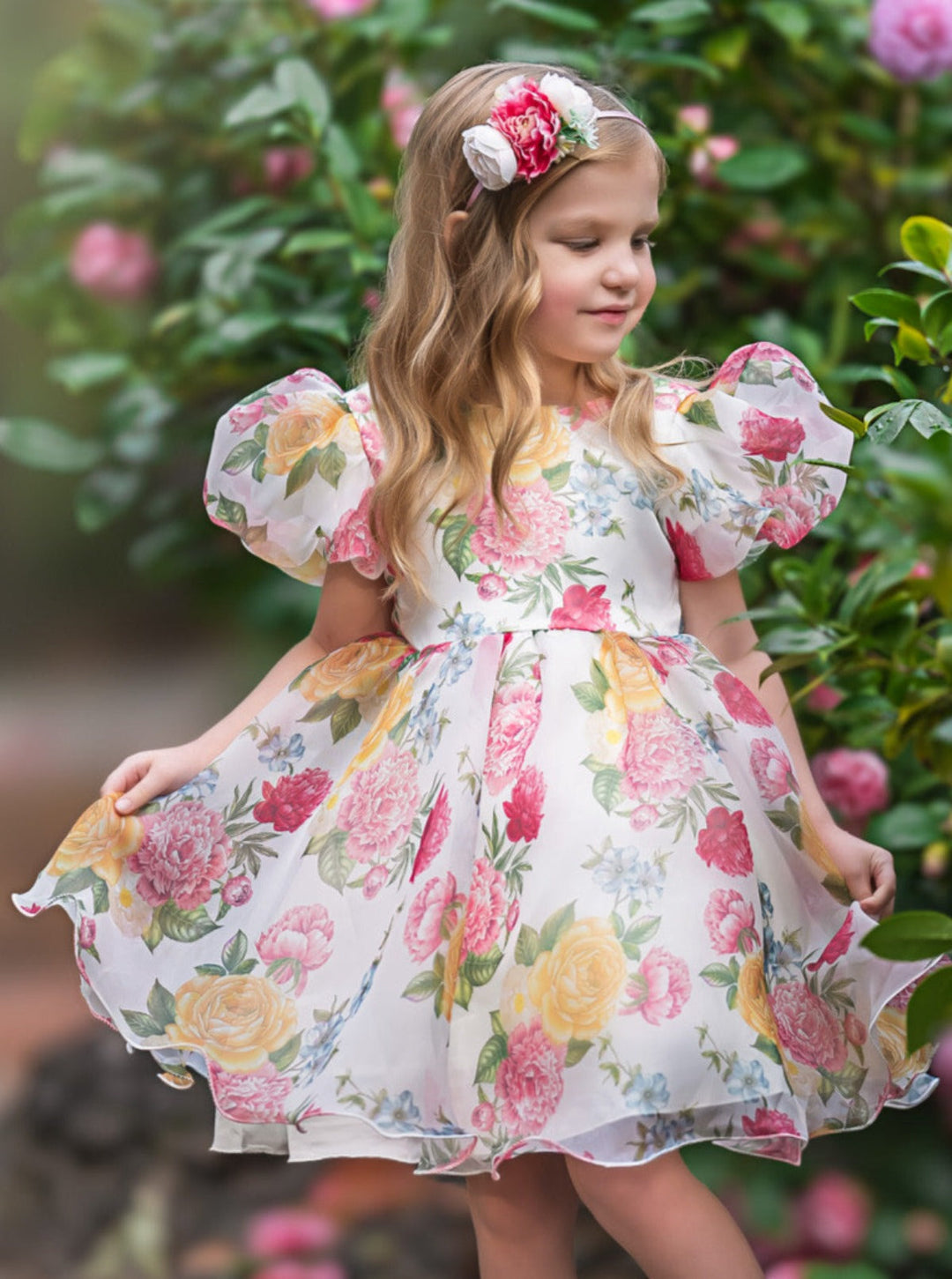 Mia Belle Girls Puff Sleeve Floral Dress | Girls Spring Dresses