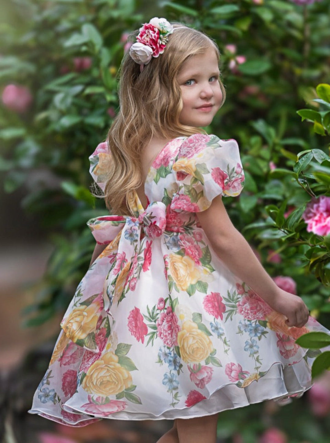 Mia Belle Girls Puff Sleeve Floral Dress | Girls Spring Dresses