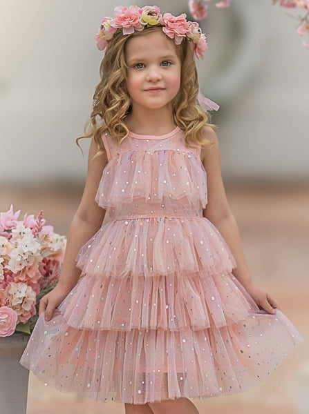 Girls Spring Dresses  Pastel Rainbow Sequin Star Tiered Tulle Dress – Mia  Belle Girls