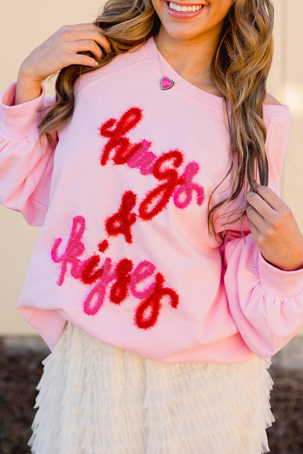 Womens Pink Hugs and Kisses Pop Up Embroidered Raglan Sleeve Sweatshirt