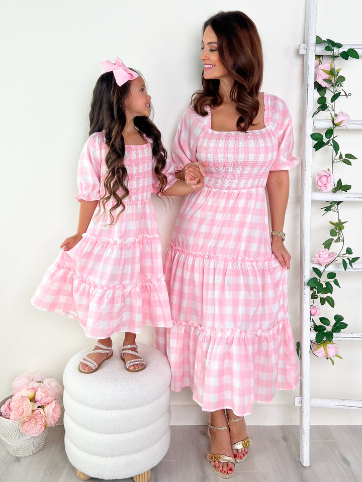 Mia Belle Girls Pink Gingham Smocked Dress | Mommy And Me Dresses