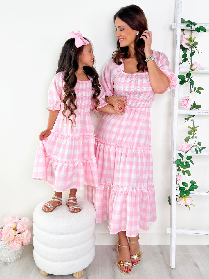 Mia Belle Girls Pink Gingham Smocked Dress | Mommy And Me Dresses