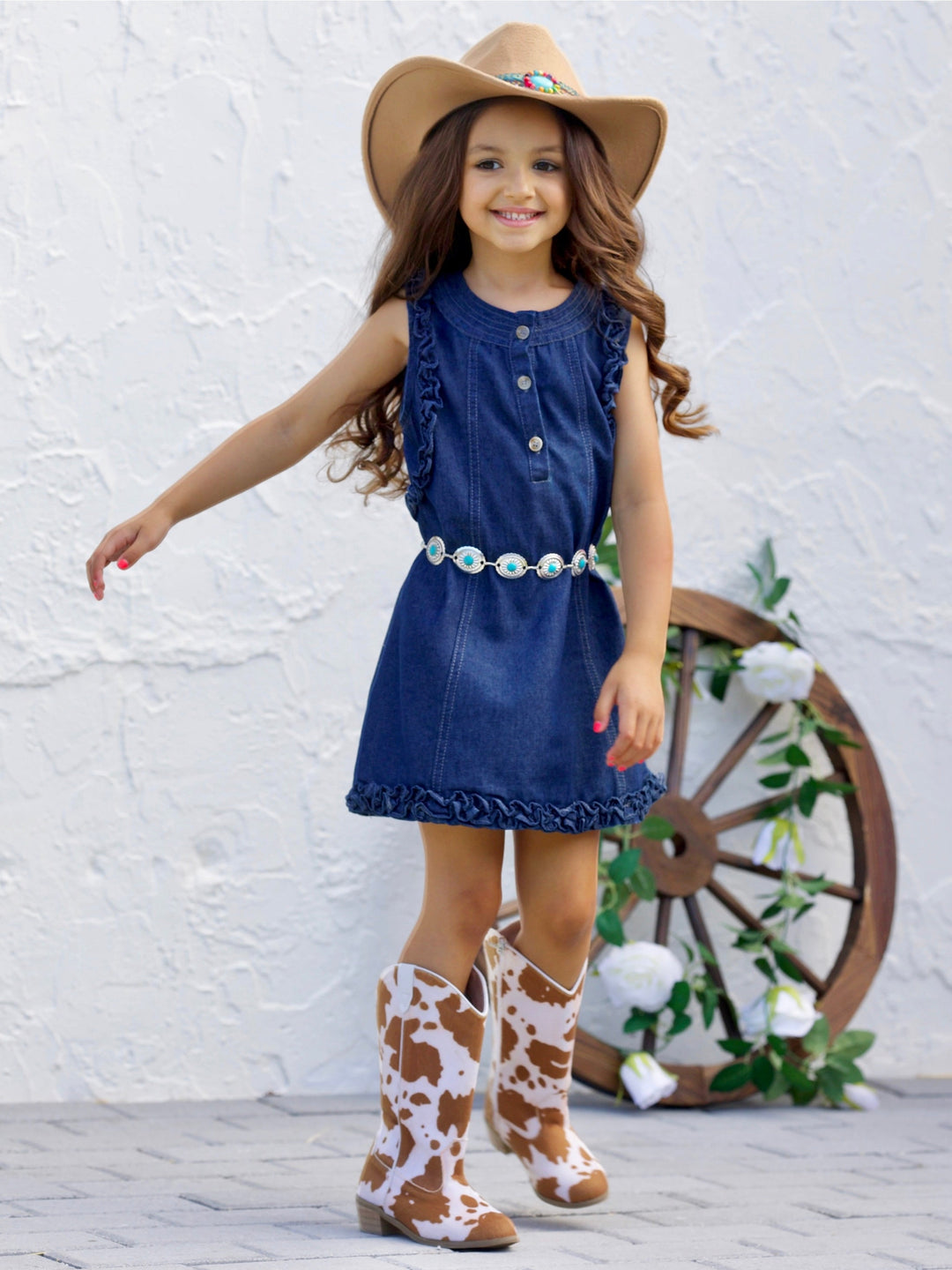 Mia Belle Girls Lettuce Edge Denim Dress | Girls Spring Outfits