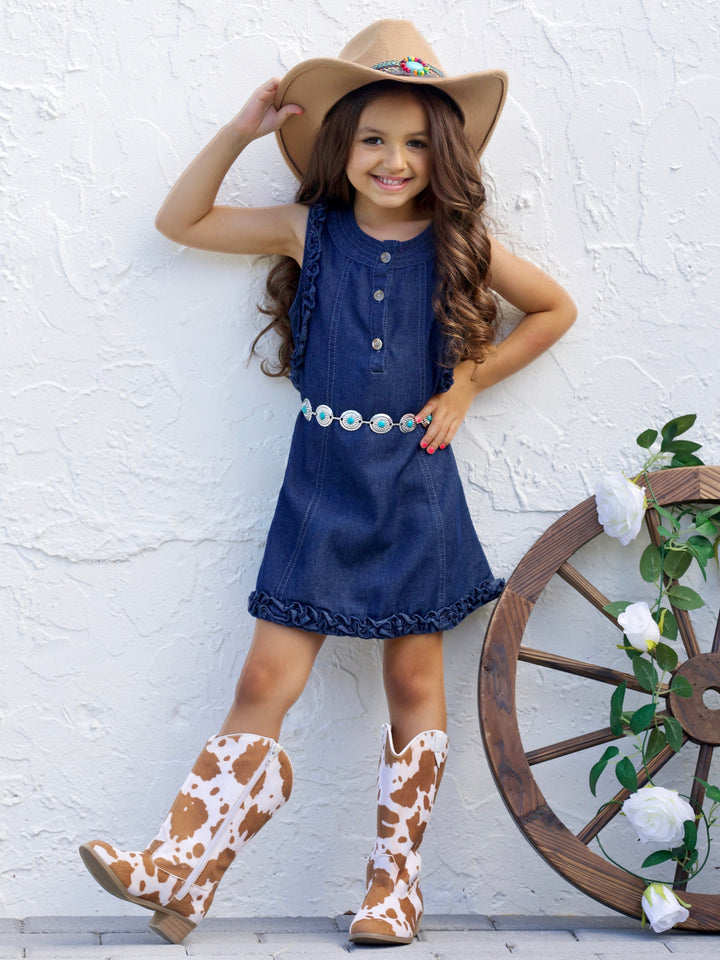 Mia Belle Girls Lettuce Edge Denim Dress | Girls Spring Outfits