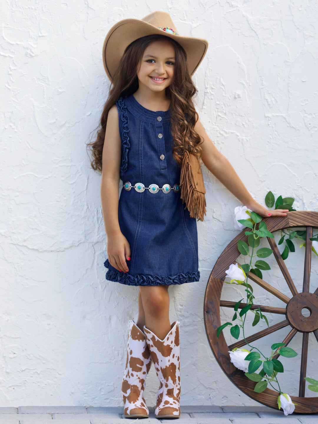 Mia Belle Girls Lettuce Edge Denim Dress | Girls Spring Outfits