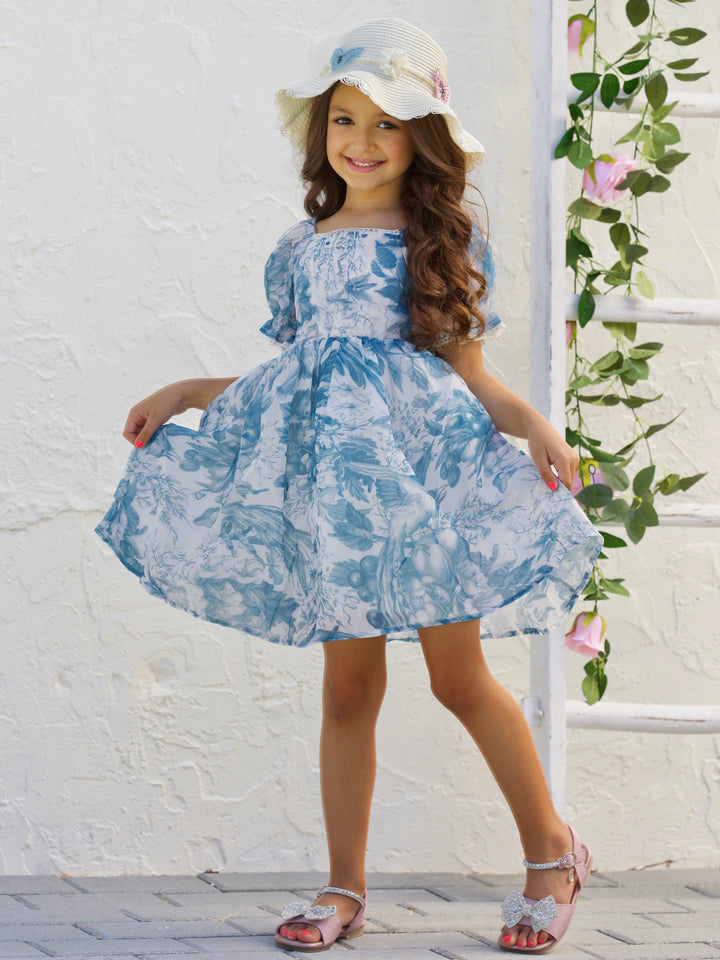 Mia Belle Girls Blue Floral Puff Sleeve Dress | Girls Spring Outfits