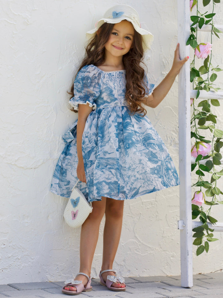 Mia Belle Girls Blue Floral Puff Sleeve Dress | Girls Spring Outfits