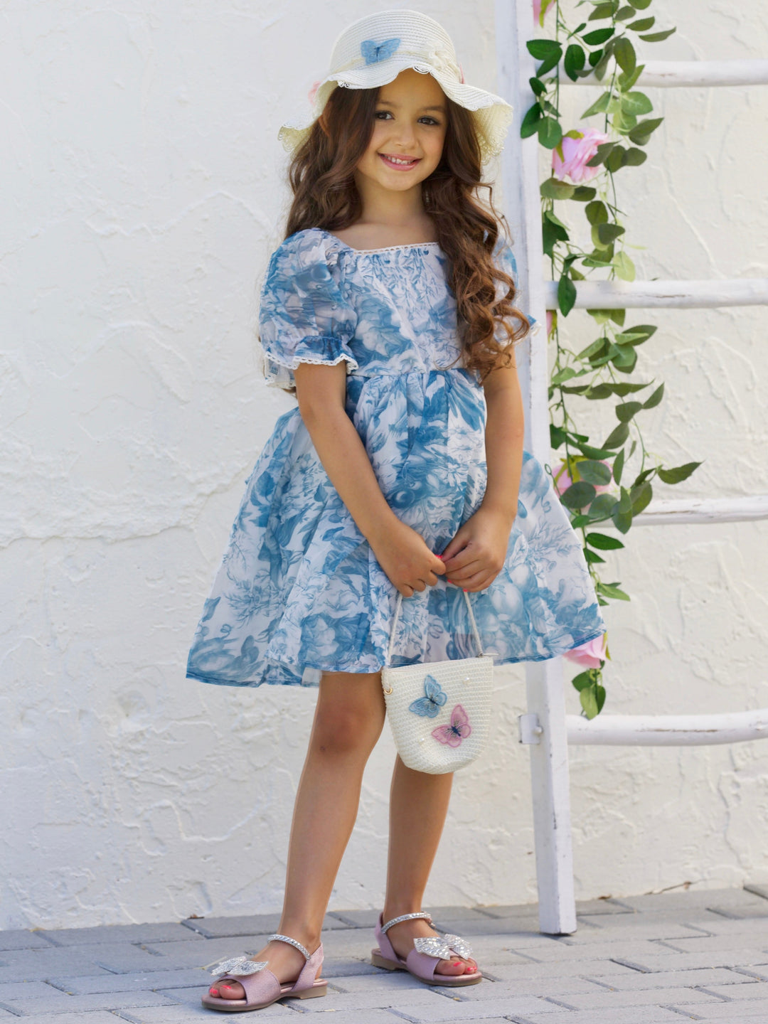 Mia Belle Girls Blue Floral Puff Sleeve Dress | Girls Spring Outfits