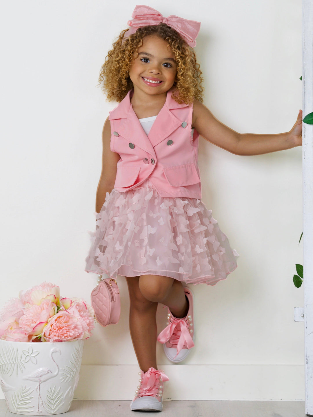 Pink Vest, Top, And Butterfly Skirt Set | Mia Belle Girls Spring Sets