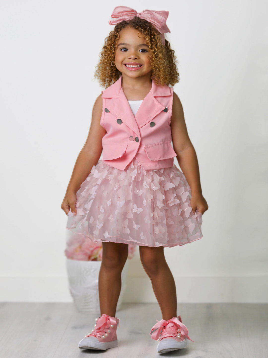 Pink Vest, Top, And Butterfly Skirt Set | Mia Belle Girls Spring Sets