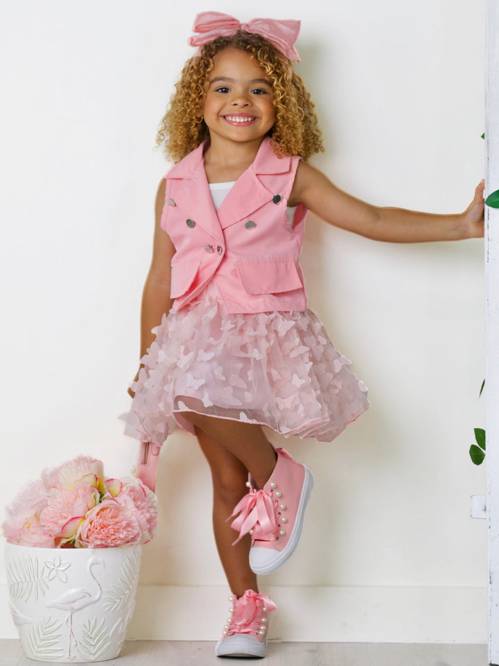 Pink Vest, Top, And Butterfly Skirt Set | Mia Belle Girls Spring Sets