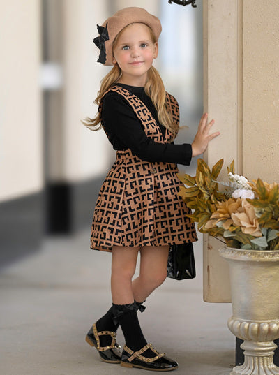 Elegant Girls' Dress Set with Patterned Skirt and Long-Sleeve Top
