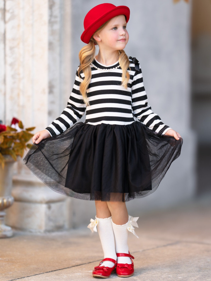 Whimsical Black Striped Long Sleeve Shoulder Bows Tulle Dress