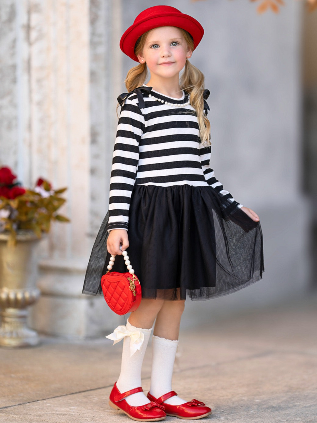 Whimsical Black Striped Long Sleeve Shoulder Bows Tulle Dress