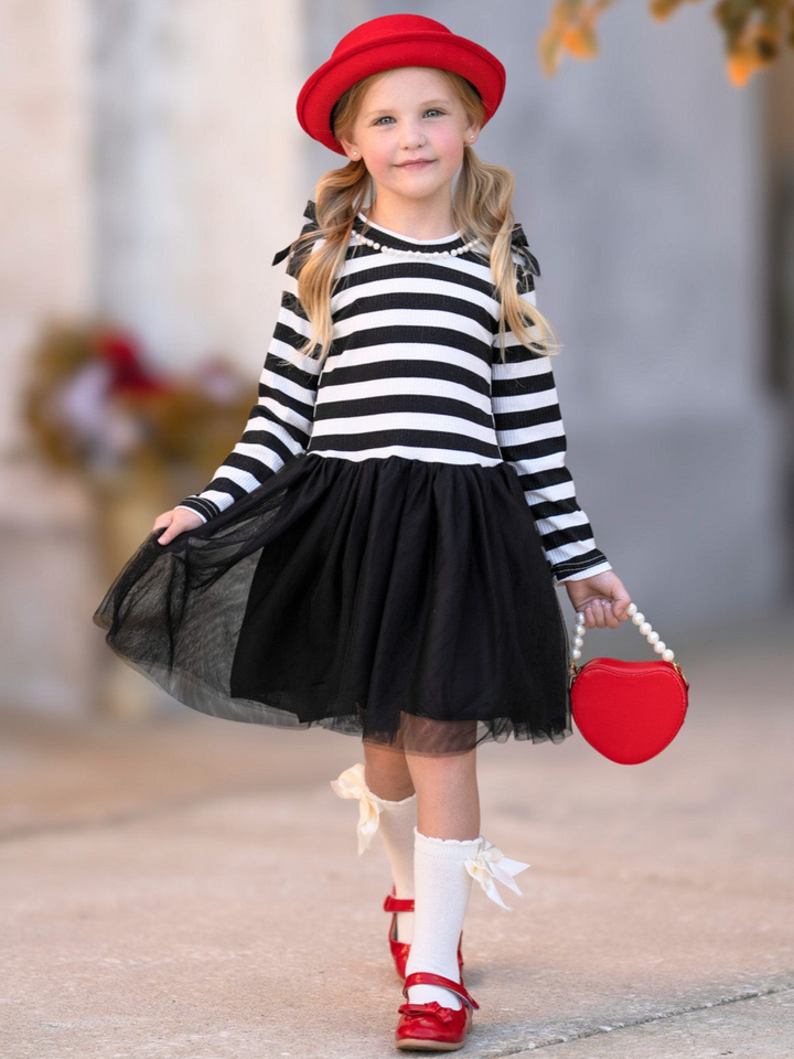 Whimsical Black Striped Long Sleeve Shoulder Bows Tulle Dress