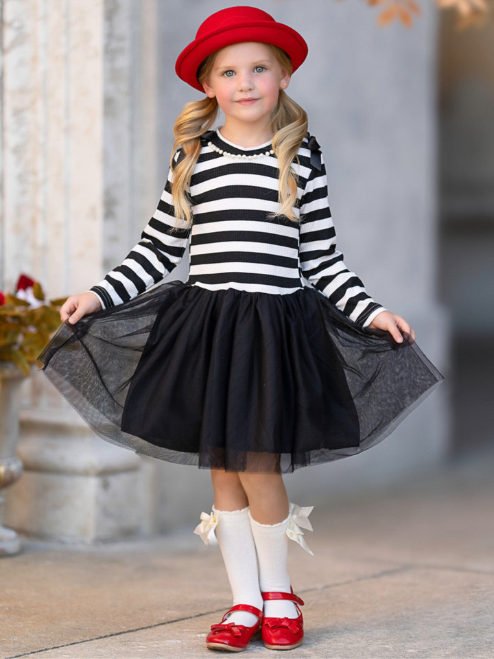 Whimsical Black Striped Long Sleeve Shoulder Bows Tulle Dress