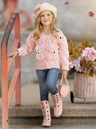 Girls Floral Button-Up Cardigan with Adorable 3D Flower Details and Heart-Shaped Buttons