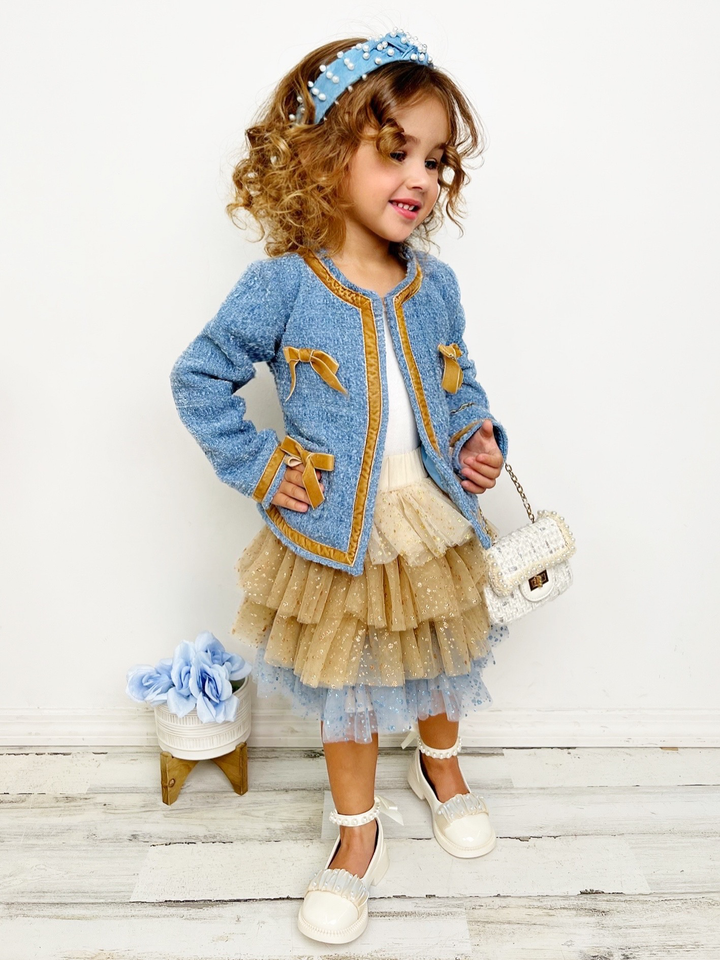 Mia Belle Girls Blue Tweed Jacket & Sequined Tulle Skirt Set 