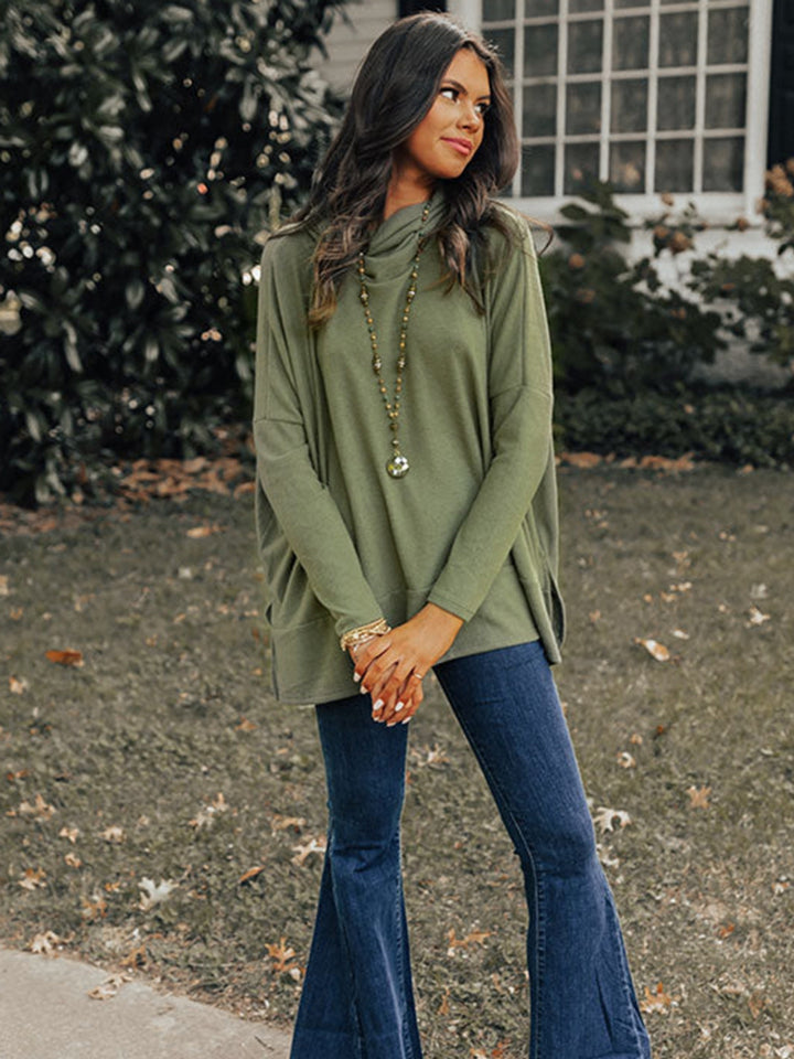 Womens Olive Green Cowl Neck Long Sleeve Tunic Top