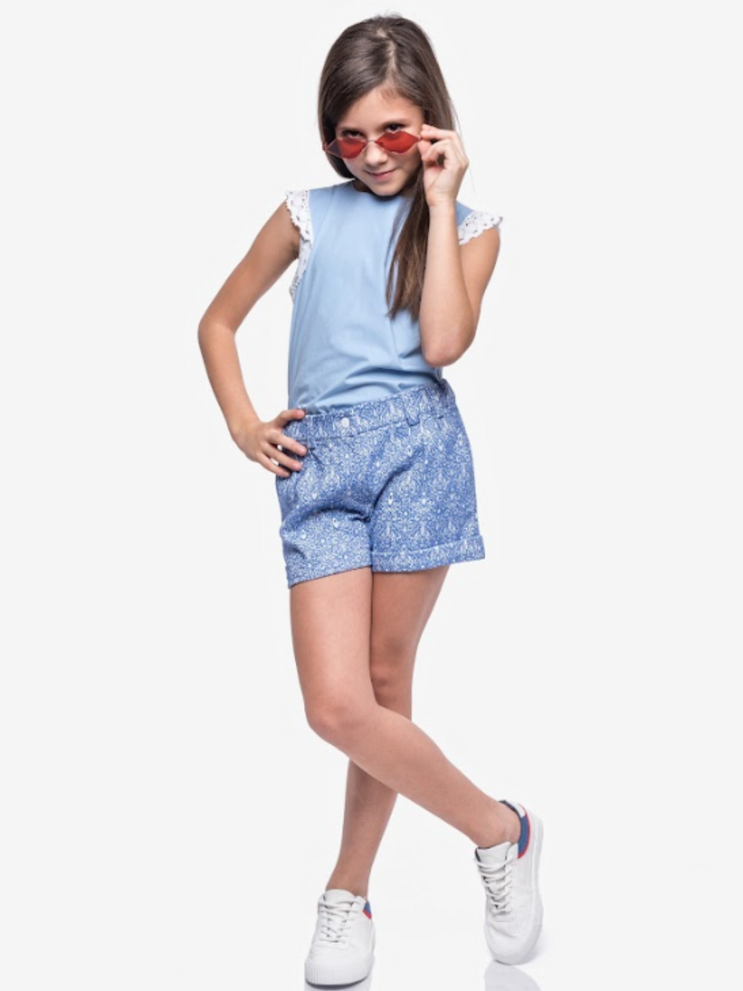 Kids Couture x Mia Belle Girls Blue Jacquard Button Fly Shorts Size 5/11