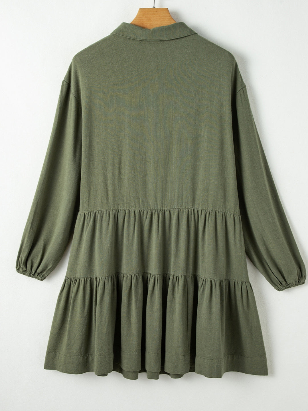 Womens Olive Puff Sleeve Tiered Button-Up Tunic Dress