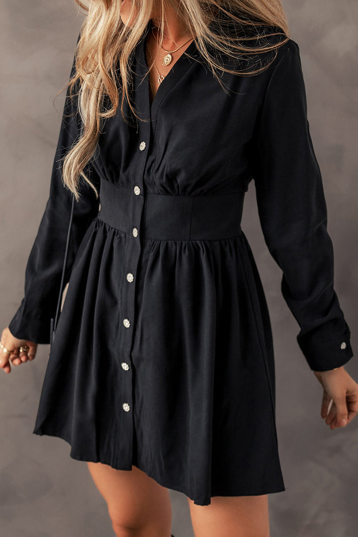 Womens Black Elastic Cinched High Waist Long Sleeve Shirt Mini Dress