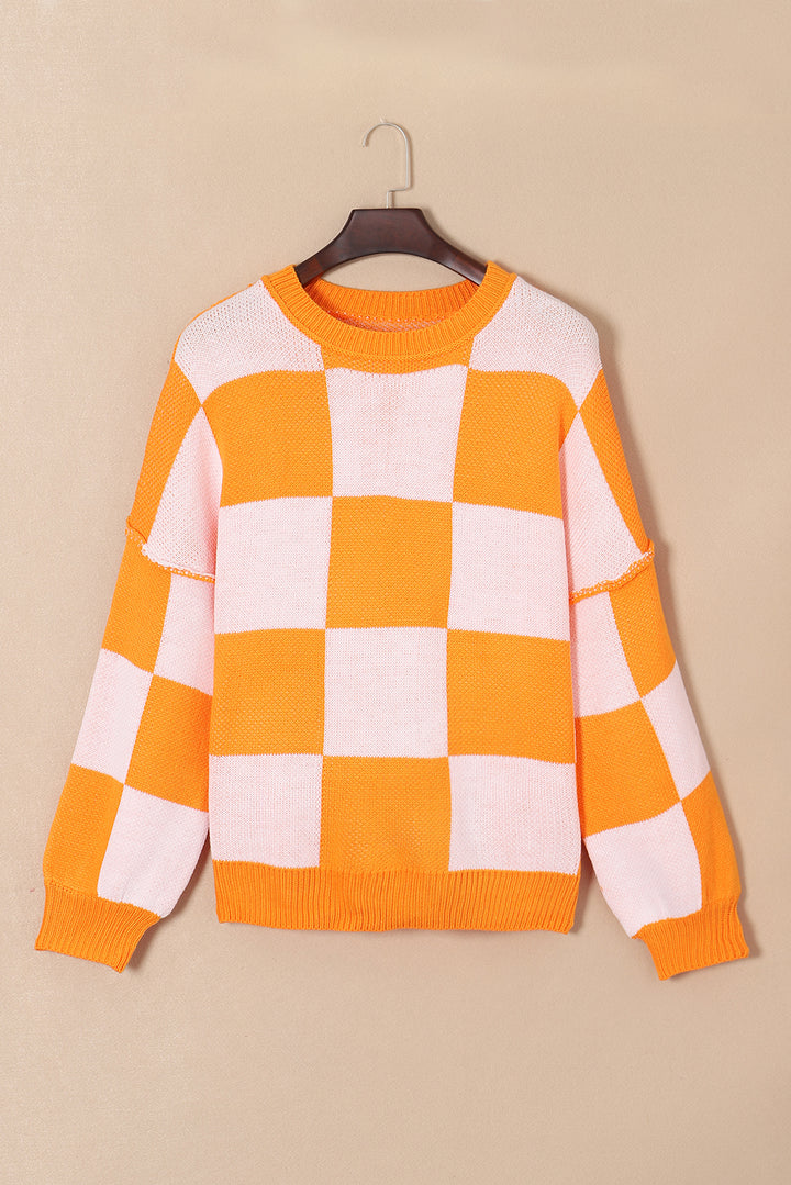 Orange karierter Pullover mit Bischofsärmeln