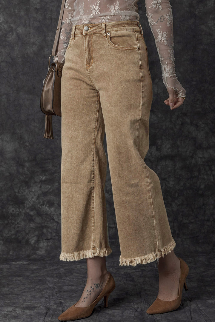 Womens French Beige Acid Washed High Rise Cropped Wide Leg Jeans