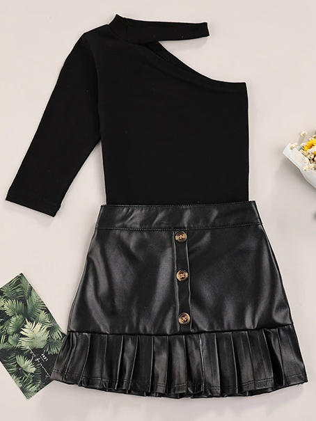 Cute Toddler Sets | Girls Asymmetric Top and Vegan Leather Skirt Set 