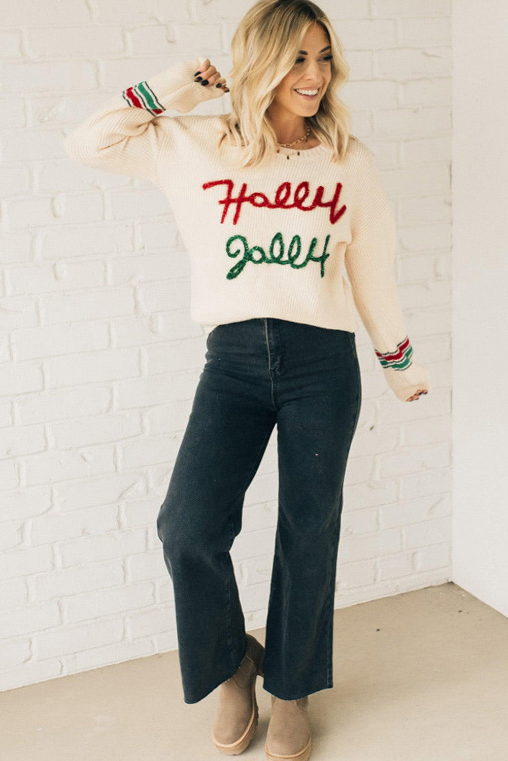 Womens Beige Cozy Holly Jolly Christmas Graphic Sweater