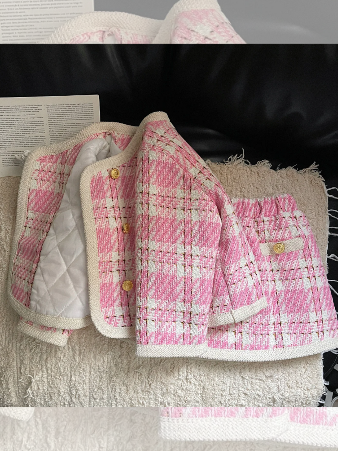 Pretty in Pink Plaid Girls' Tweed Jacket and Skirt Set with Gold Buttons