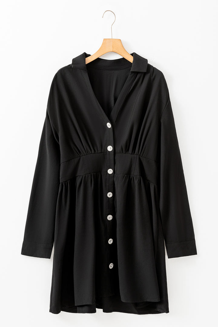 Womens Black Elastic Cinched High Waist Long Sleeve Shirt Mini Dress