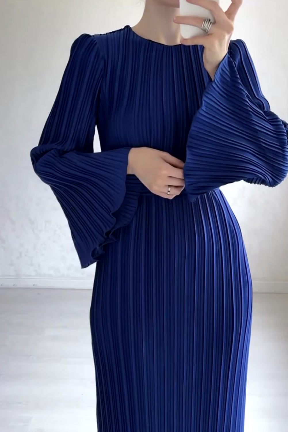 Womens Elegant Blue Pleated with Belt Maxi Dress