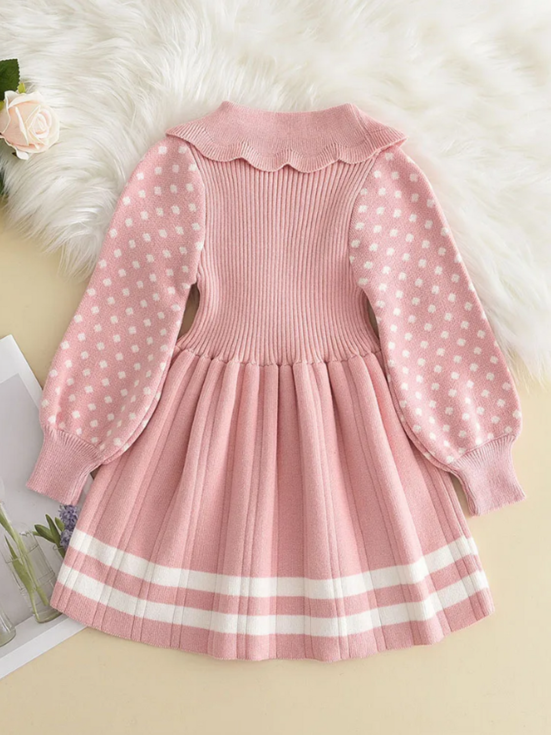 Adorable Polka Dot Sleeve Knit Dress with Elegant Pleats