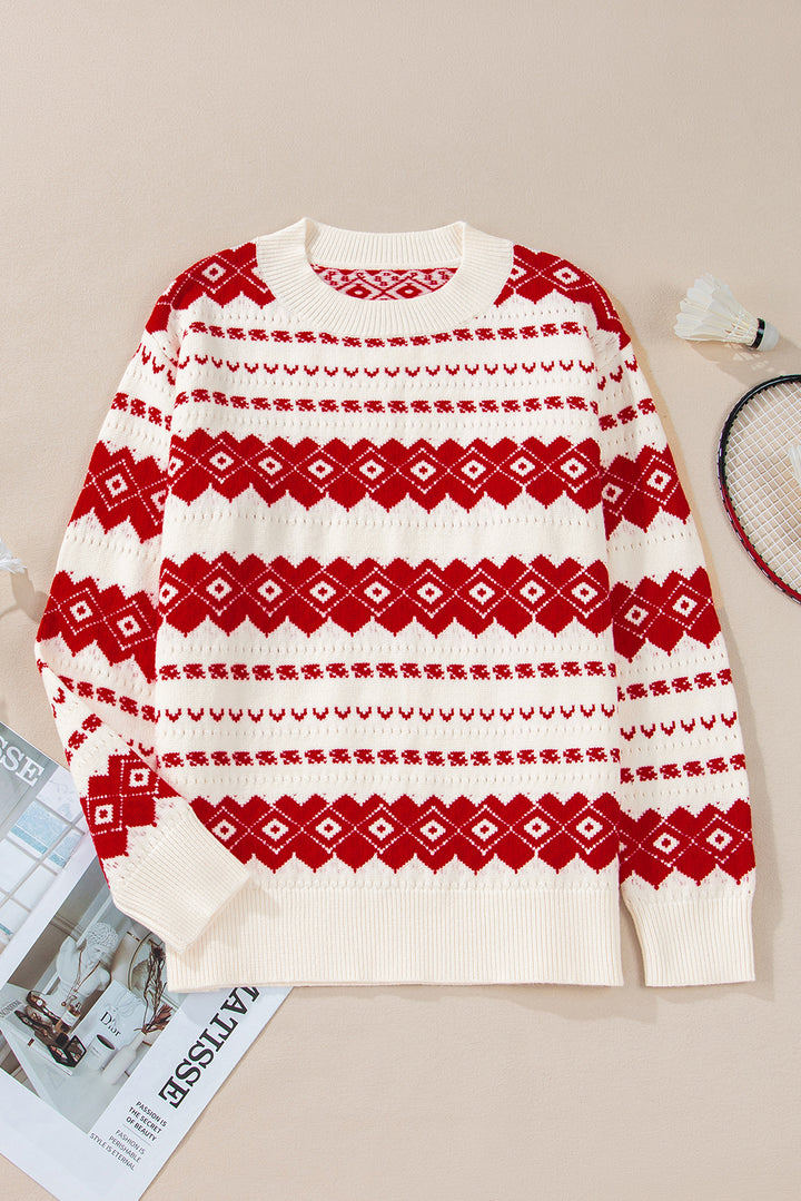 Womens White and Red Western Geometric Pattern Crew Neck Sweater