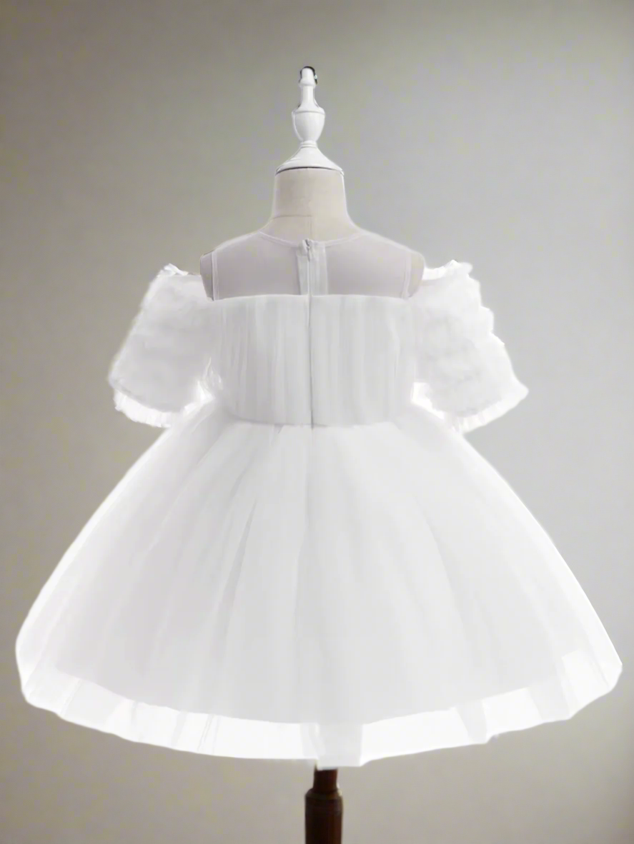 Girls Pink Tulle Puff Sleeve Dress with Pearl Belt