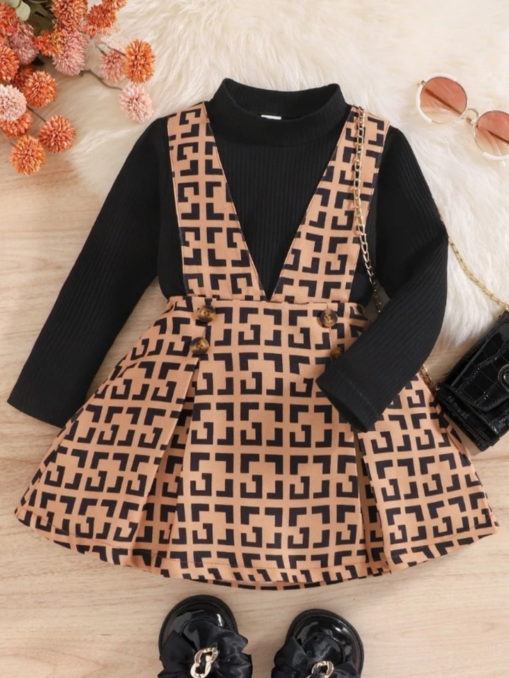 Elegant Girls' Dress Set with Patterned Skirt and Long-Sleeve Top