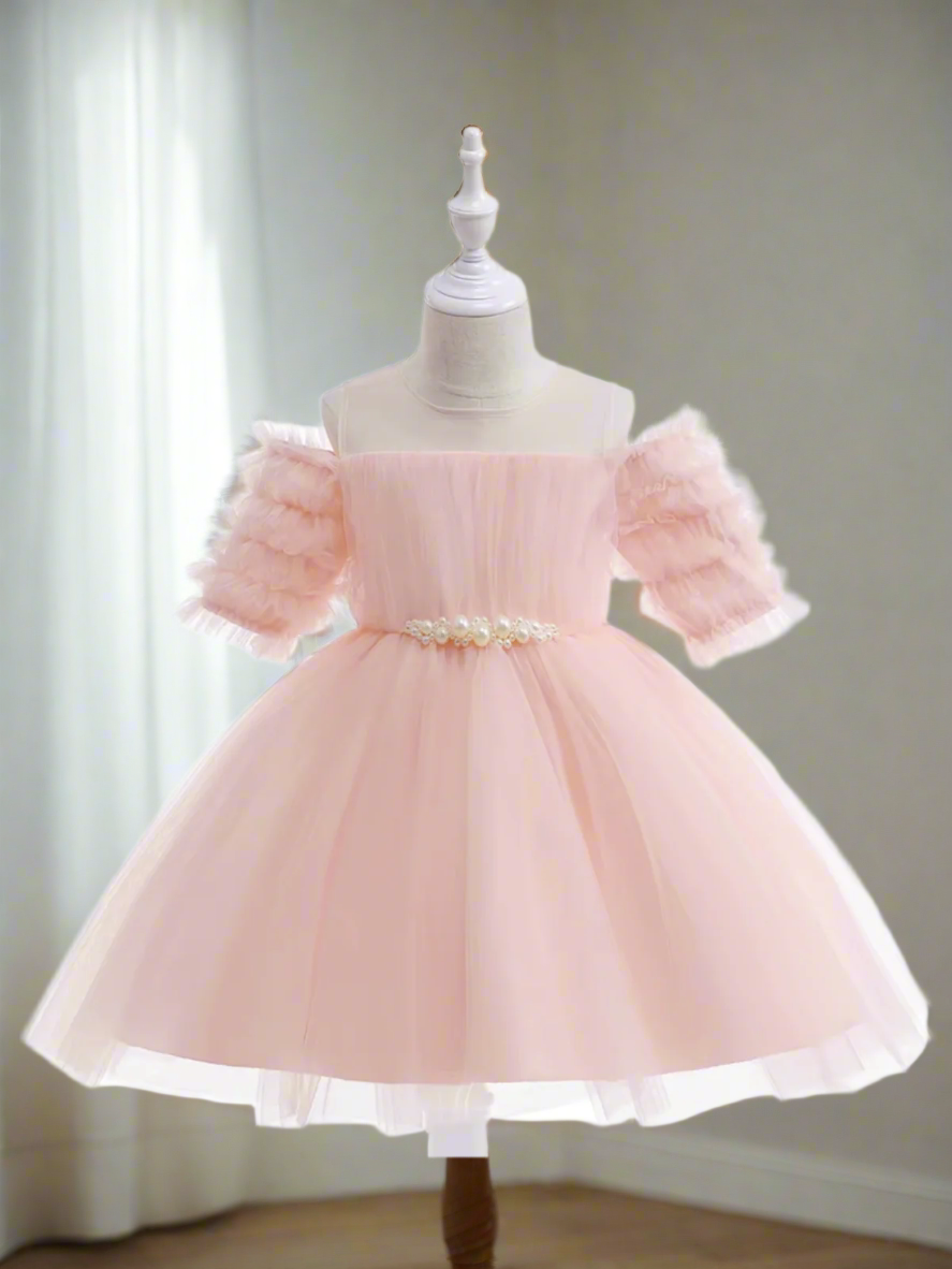 Girls Pink Tulle Puff Sleeve Dress with Pearl Belt