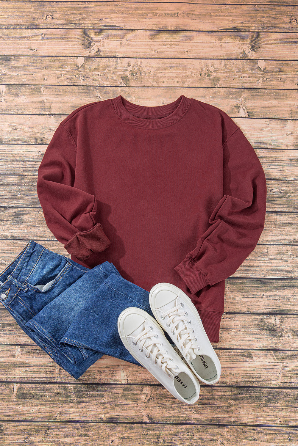 Womens Burgundy Plain Drop Shoulder Crewneck Pullover Sweatshirt