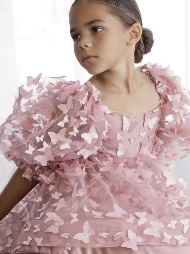 Girls Pink 3D Butterfly Tulle  Puff Sleeve Party Dress