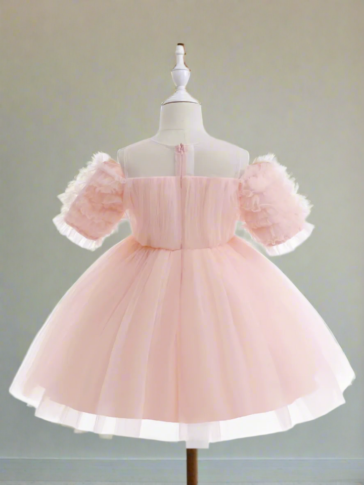 Girls Pink Tulle Puff Sleeve Dress with Pearl Belt