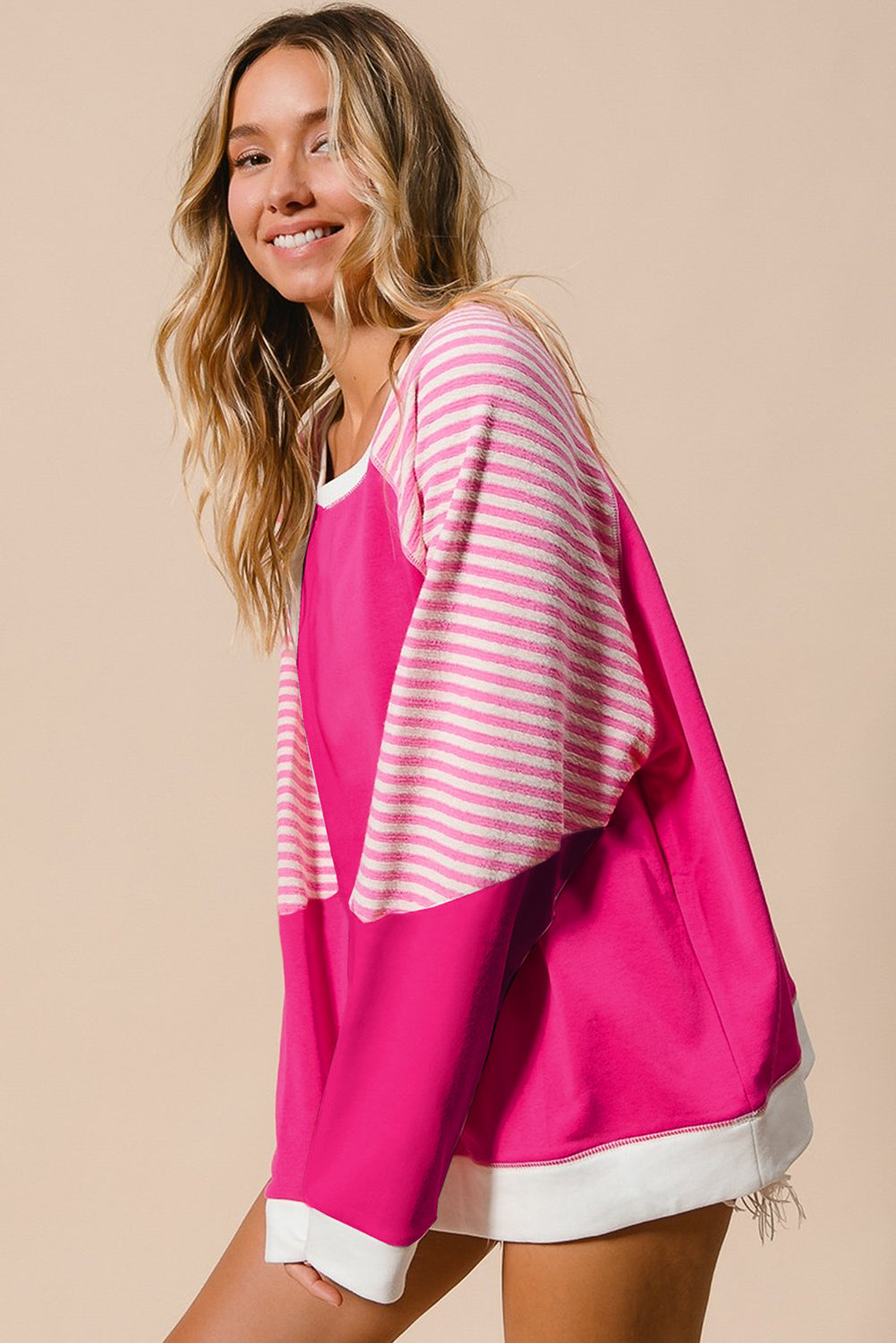 Womens Pink Striped Raglan Top