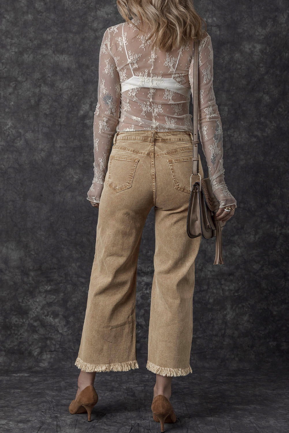 Womens French Beige Acid Washed High Rise Cropped Wide Leg Jeans