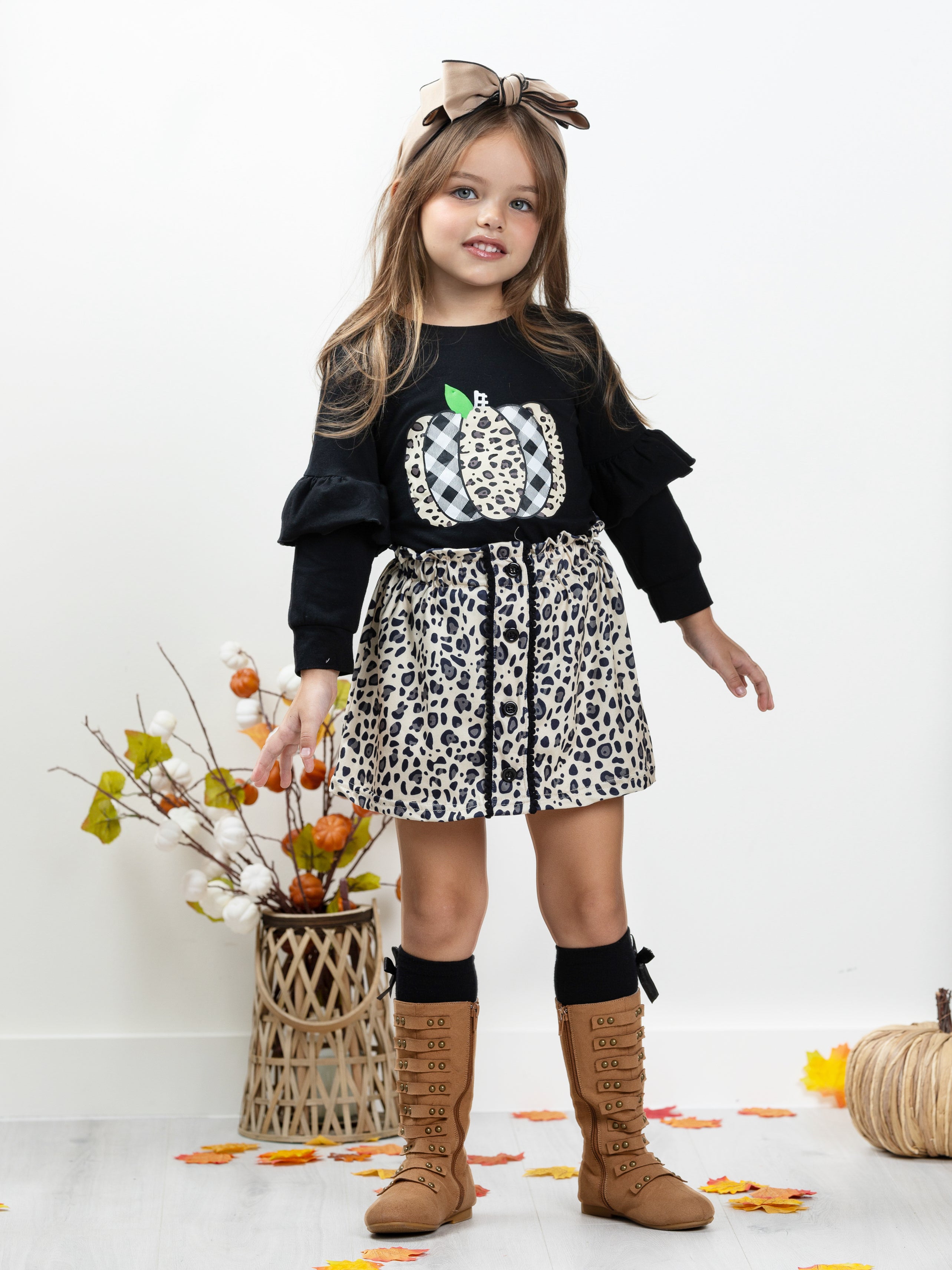 Toddler Fall Outfits Leopard Print Pumpkin Top Matching Skirt Set Mia Belle Girls