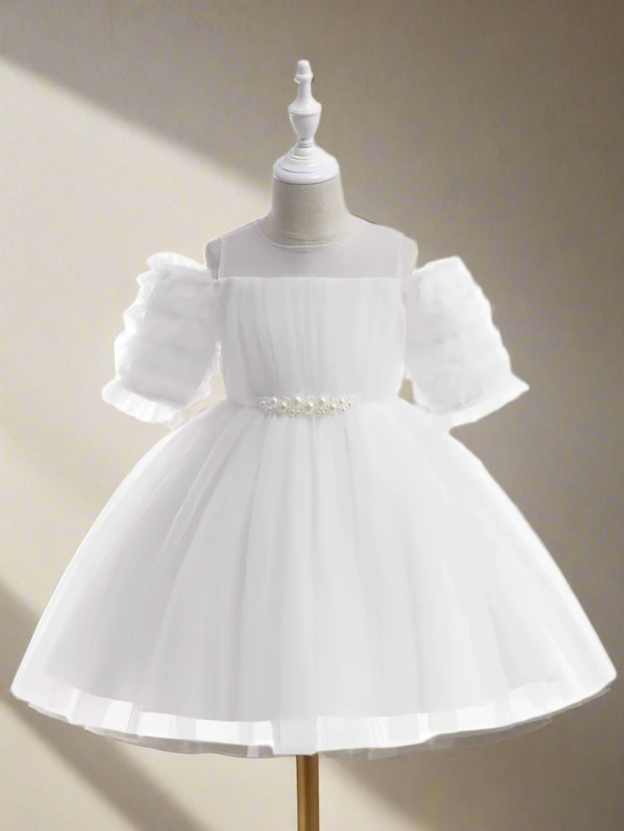 Girls Pink Tulle Puff Sleeve Dress with Pearl Belt