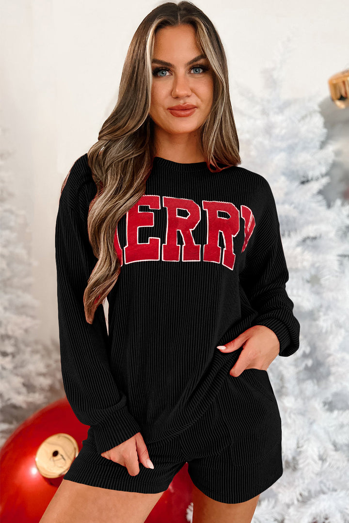 Womens Black Corded MERRY Graphic Long Sleeve Top and Shorts Set