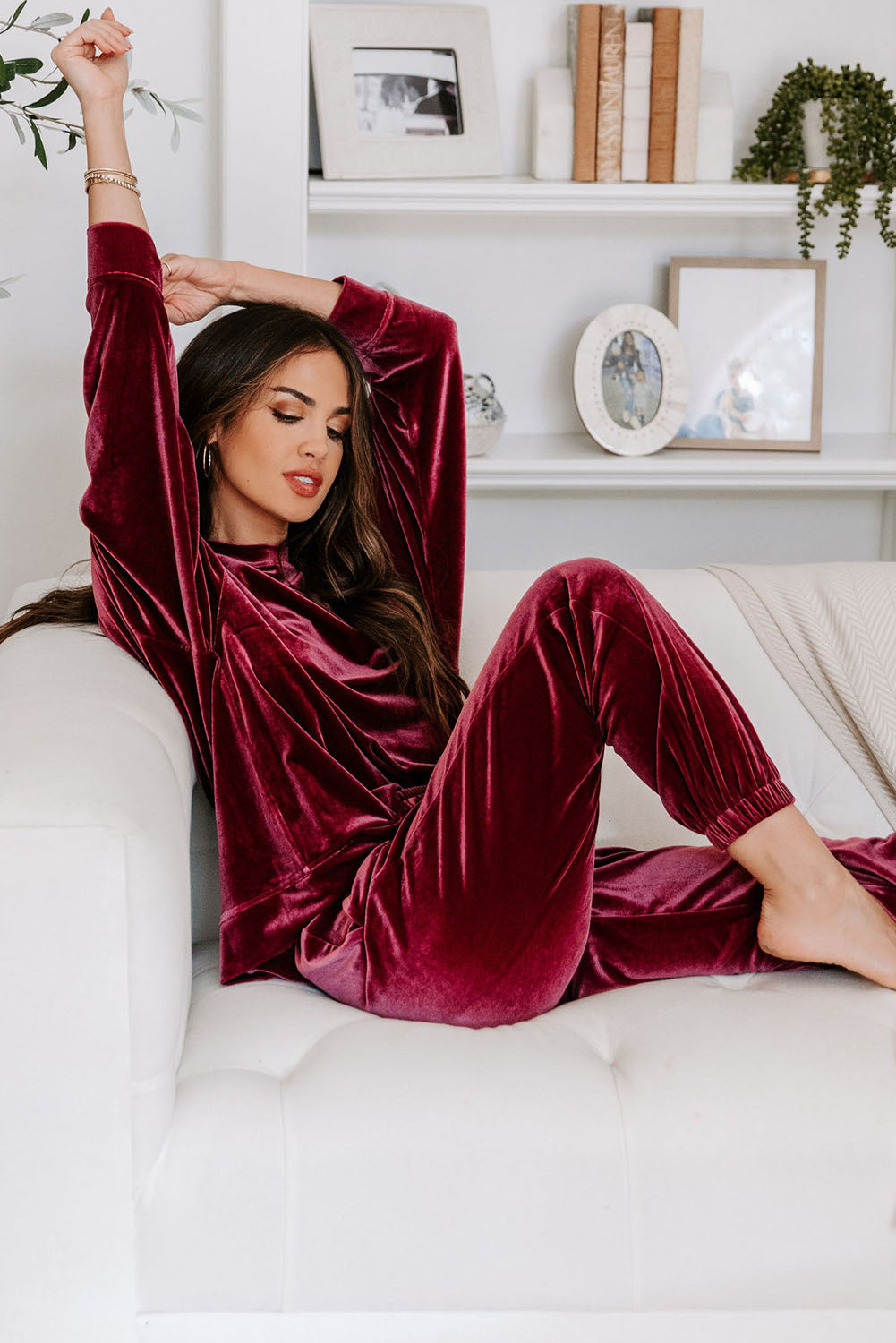 Womens Luxurious Burgundy Velvet Two-Piece Lounge Set