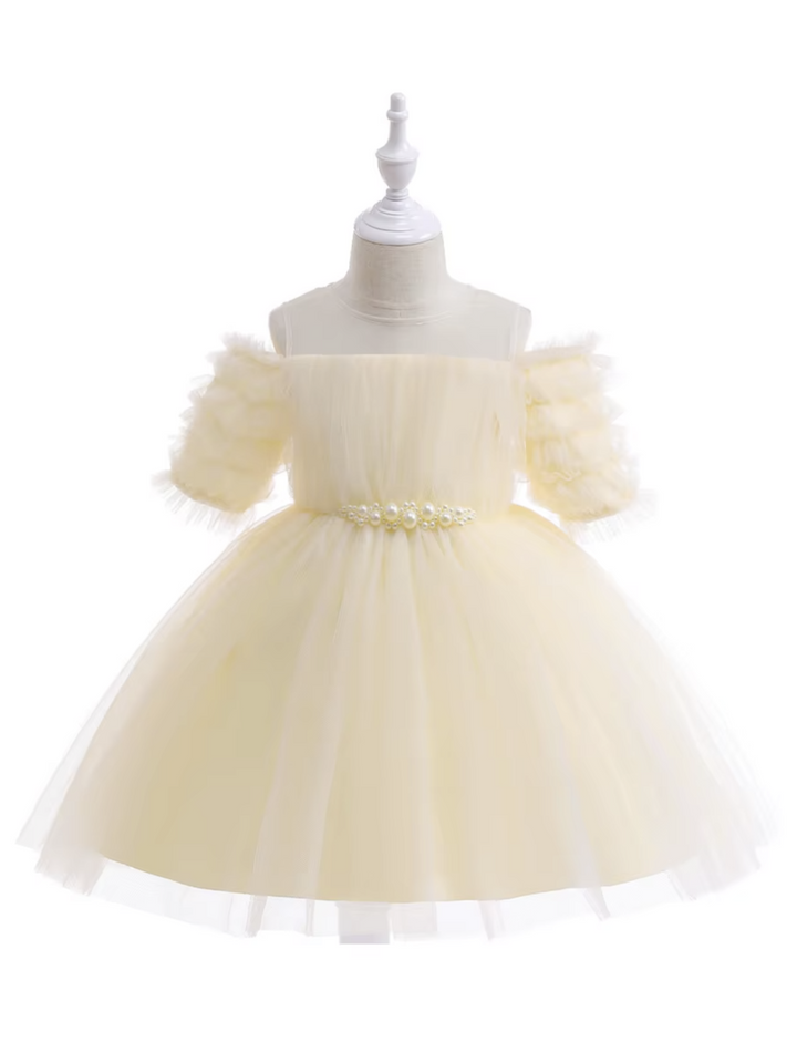 Girls Pink Tulle Puff Sleeve Dress with Pearl Belt